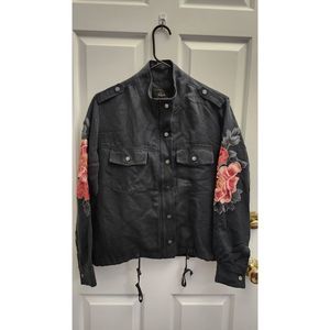 Rails Black Utility Jacket with Pink Floral Sleeve Embroidery